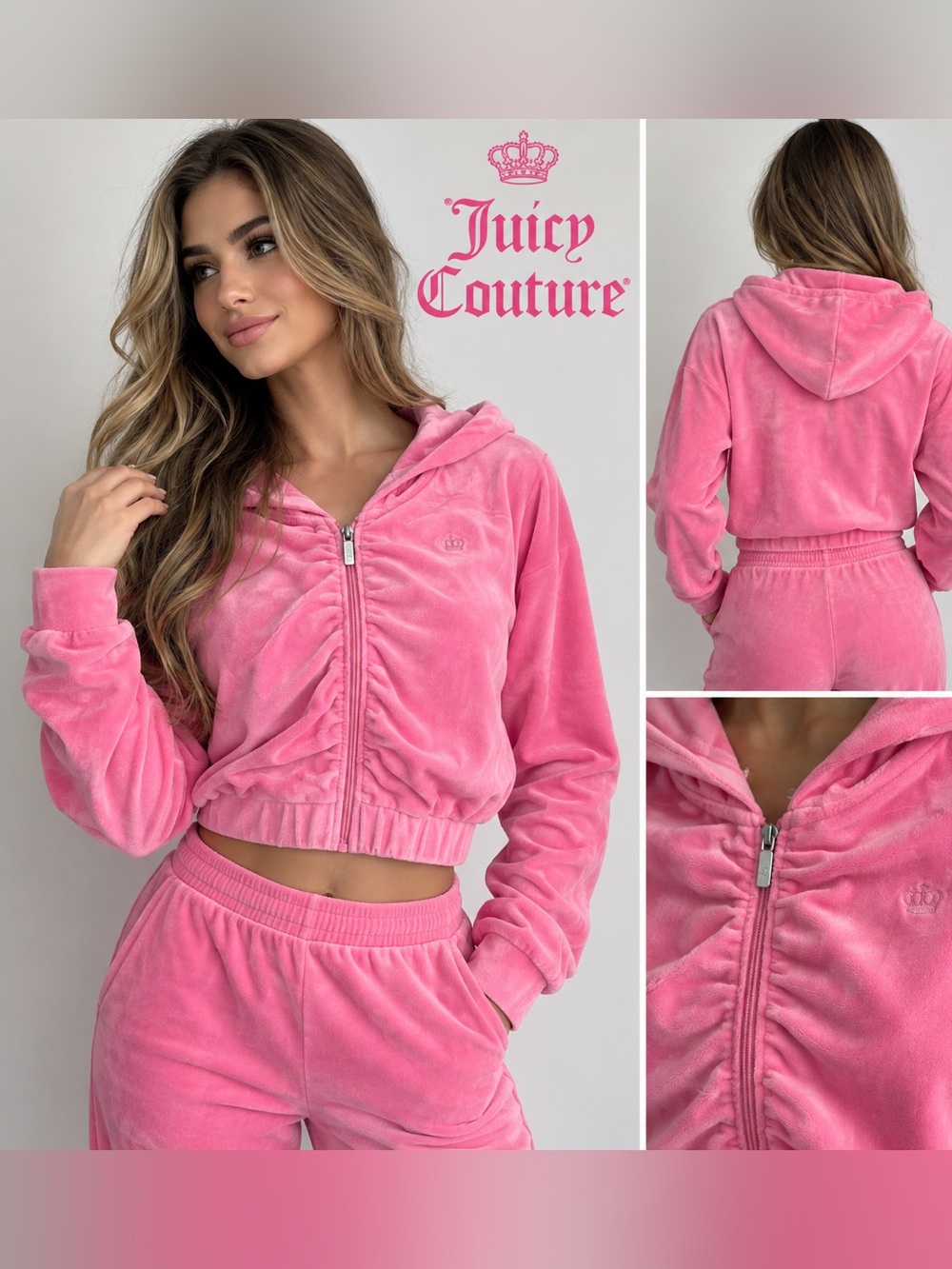 Juicy Couture Bright Pink Velour Cropped Zip Hoodie Sz L/M